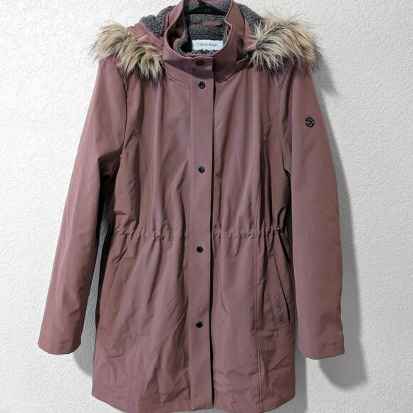 Calvin Klein Faux Fur Trim Sherpa-Lined Parka Coat XL Mauve - Picture 2 of 3